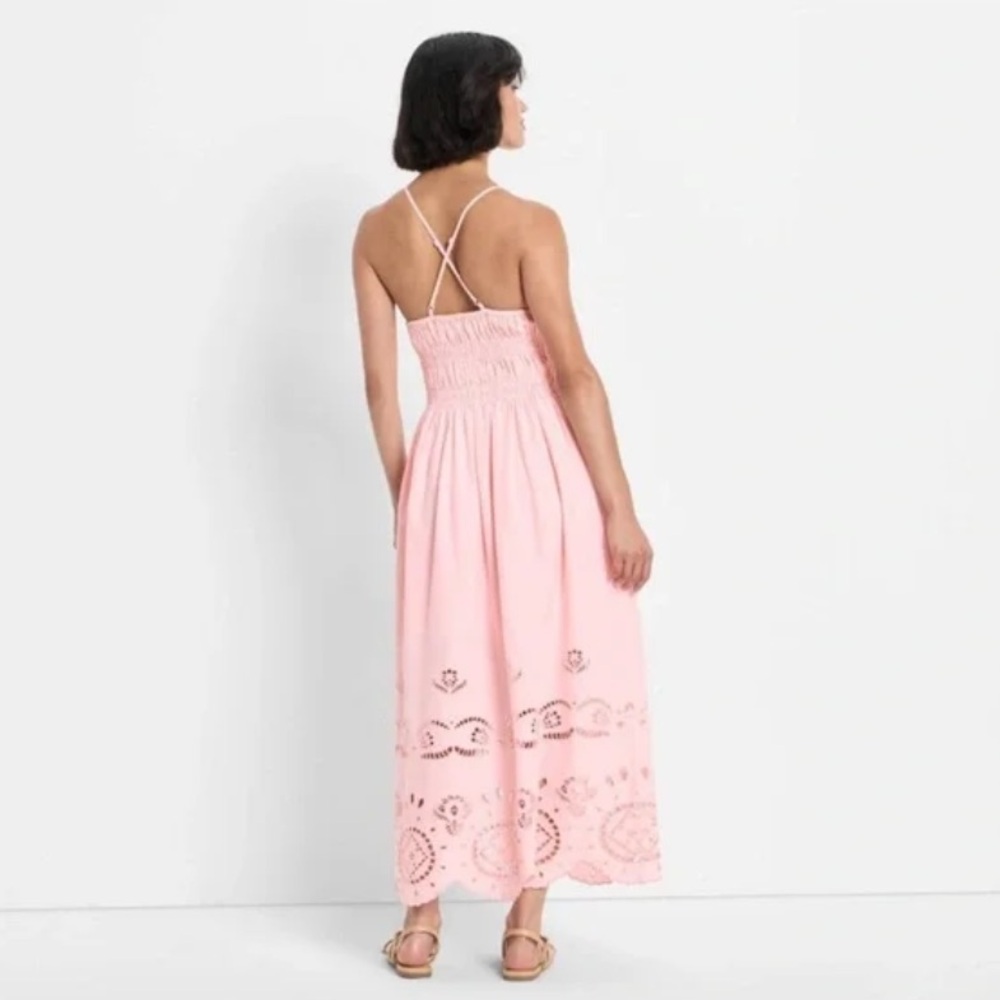 Future Collective Women's Eyelet Maxi A-Line Dress Pastel Pink Size XS - Picture 2 of 13